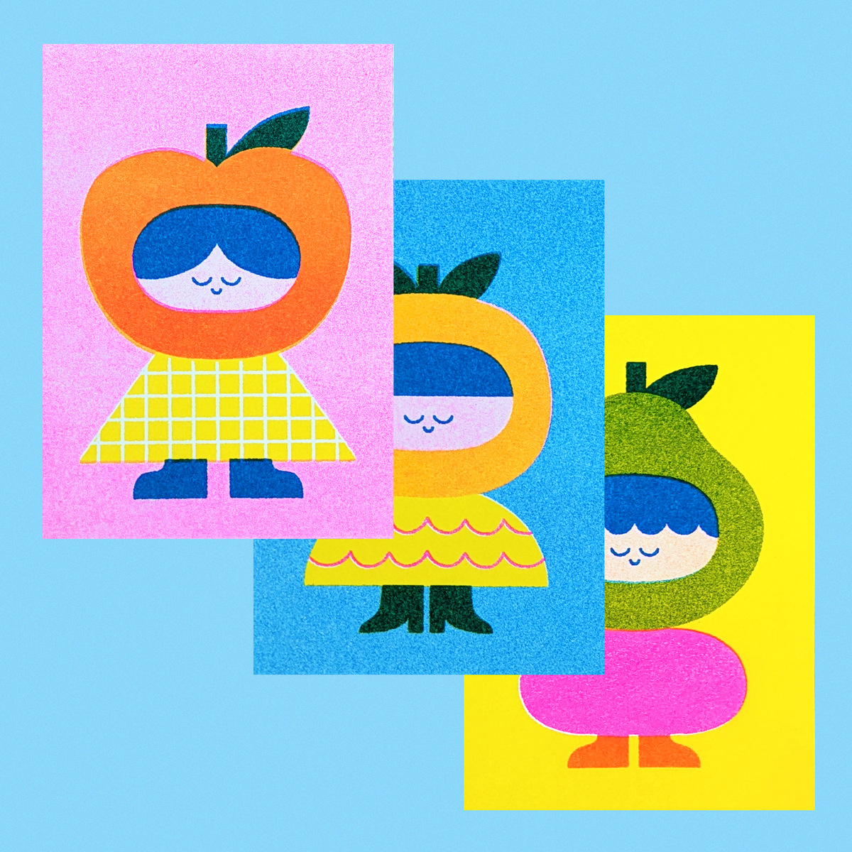 Risographie-Drucke – Tiny fruit friends (3er-Set)