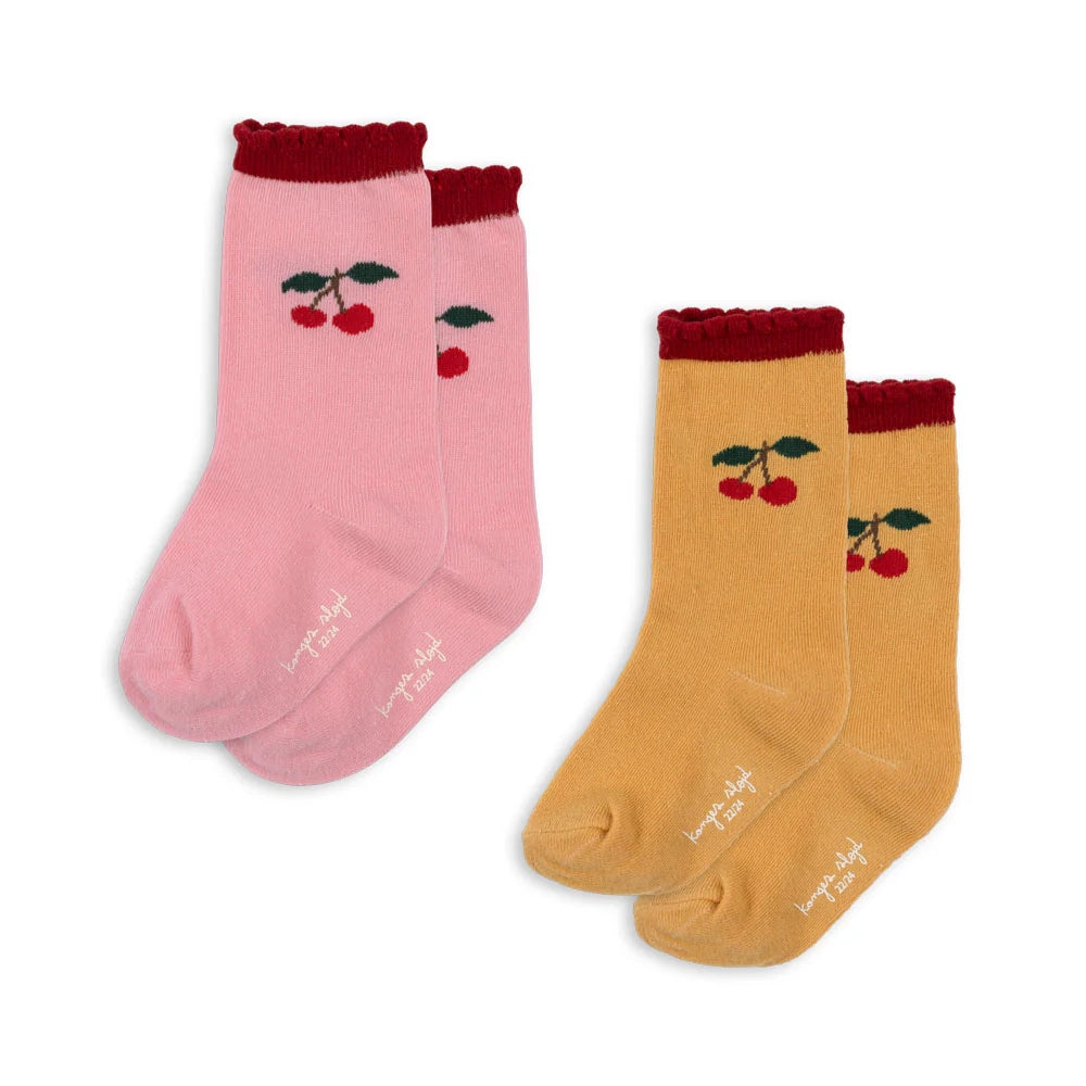 2 PACK JAQUARD FRILL SOCKS - CHERRY