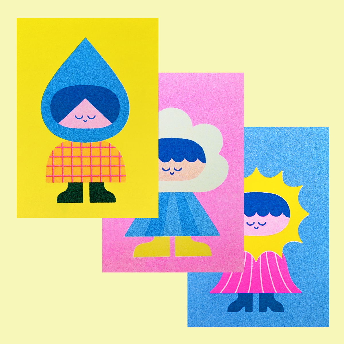 Tiny weather friends risograph prints: set of 3