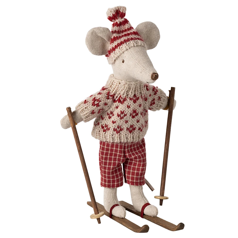 Winter mouse with ski set, Mum - Red