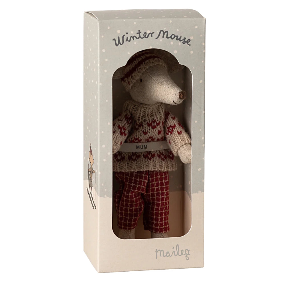 Winter mouse with ski set, Mum - Red