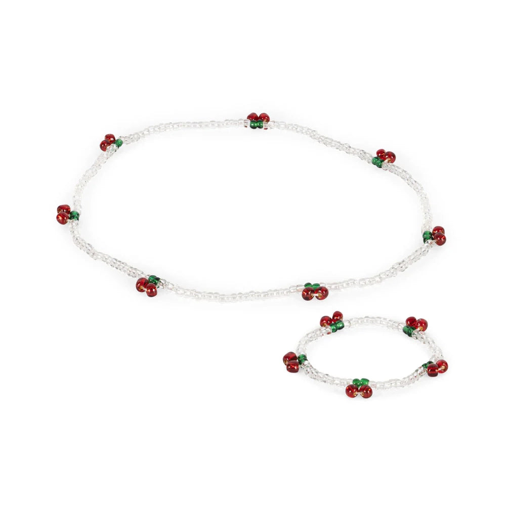 PEARLY NECKLACE & BRACELET SET - RED/GLITTER