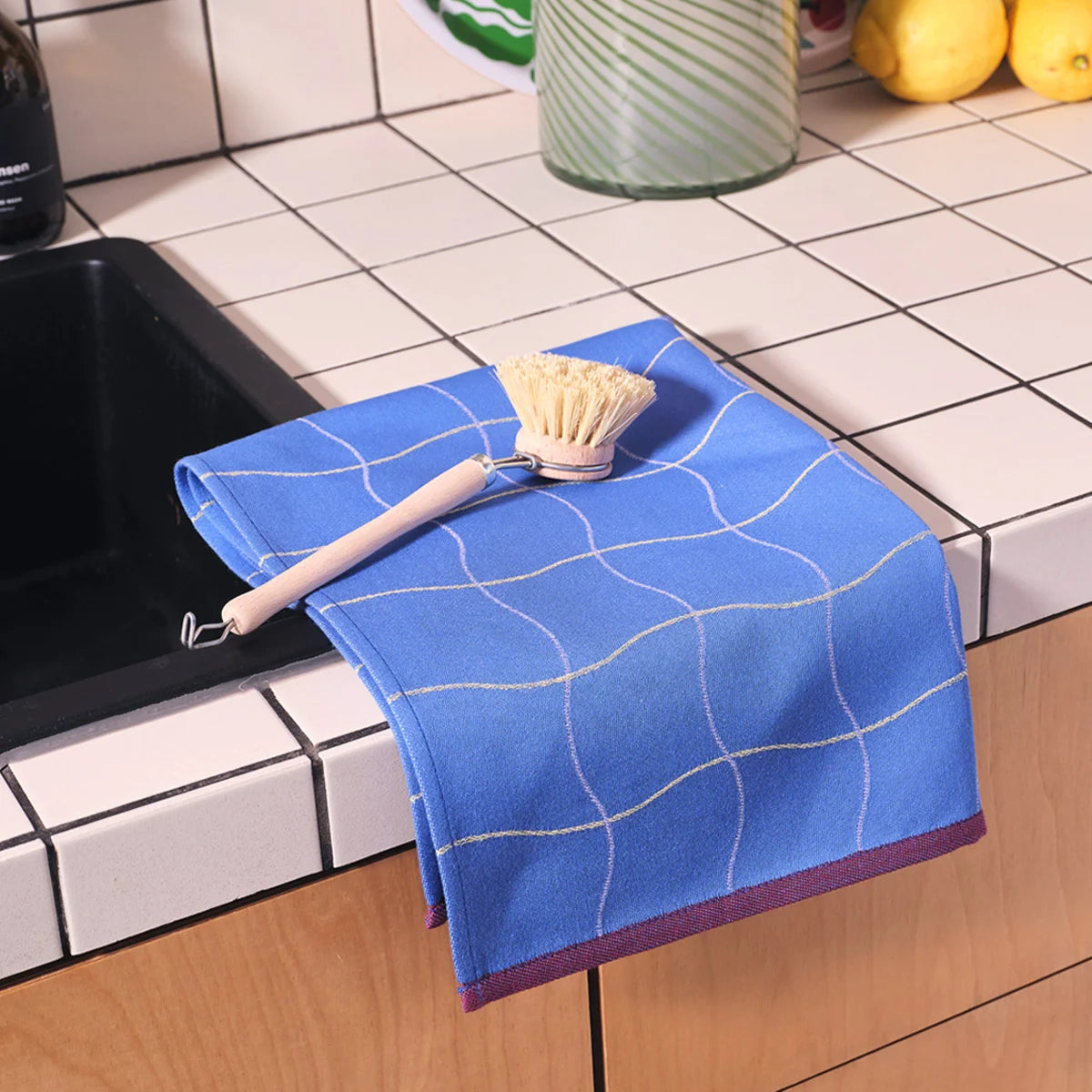 Wave Grid Blue Cotton Tea Towel