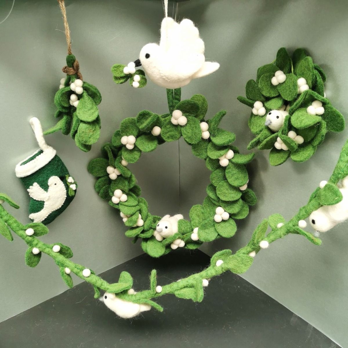 Handmade Felt Mistletoe Dove Hanging Decoration