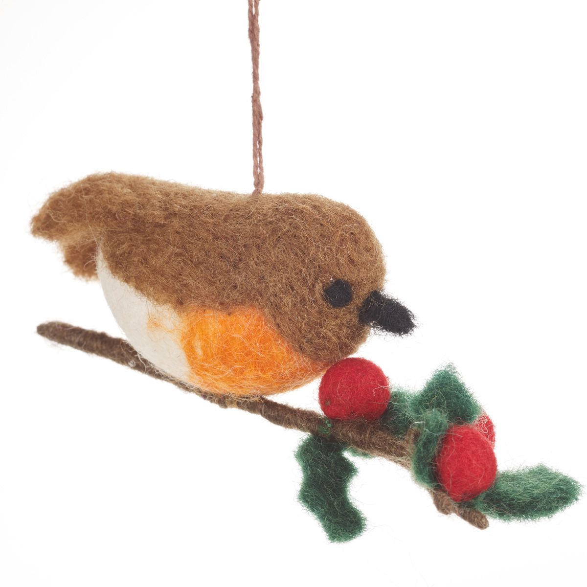 Handmade Robin on a Holly Branch Hanging Decoration