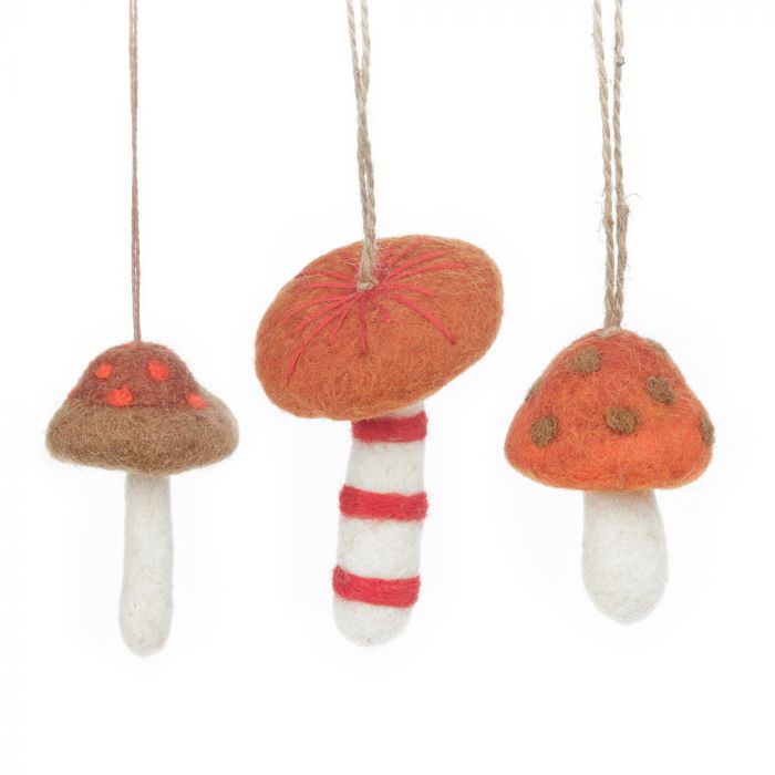 Handmade Wild Foraged Mushrooms Set of 3 Hanging Felt